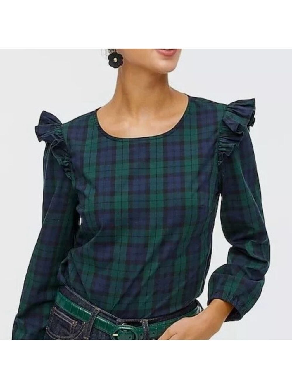 J. Crew Top, Size Blue & Green Paid, Slipover w/Shoulder Ruffles Preppy Classic